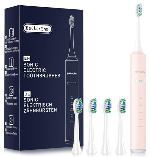 Betterchoi Spazzolino elettrico sonico per adulti, ricaricabile tramite USB, motore Maglev da 41.000 VPM, 4 testine, impermeabile IPX7, durata della batteria 180 giorni, 5 modalità di pulizia e timer