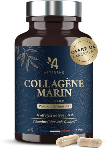 Collagene Marin + Acide Hyaluronique - Peau et Articulations - Enrichi en Vitamine C - Collagène Premium Hydrolisé Type 1 et 2-90 Gélules - Fabriqué en France par Apyforme