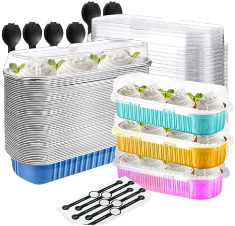 MEETOZ 30Set Mini Loaf Cake Cases 200ML,Mini Cake Pans with Lids and Spoons,Reusable Aluminum Baking Cups,for Bread Cakes,Weddings, Picnics, and Pairing (Mixed Color)