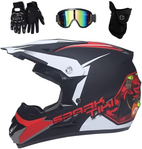 Unisex Integrale Casco da Motocross Impostato, Adulto Fuori Strada MTB Moto Casco, Discesa Enduro BMX ATV Quad Bici da Sporcizia Incidente Casco(Red,S(52~53cm))