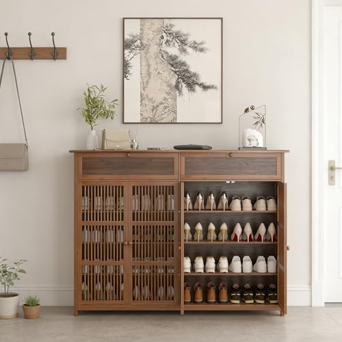 ACEMIC Armoire à Chaussures en Bambou, Armoire à Chaussures de 4 étages de Style Chinois, tiroir à clapet, 4 Portes Creuses, Rangement Chaussure avec Étagères, Brun, 130 * 35 * 100cm