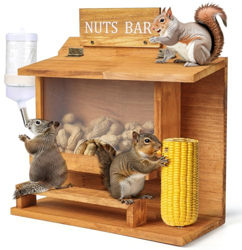 Hanging Squirrel Feeders for Outside, Large Squirrel Picnic Table Feeder with Water Bottle, Funny Nuts Bar Squirrel Feeder, Wooden Chipmunk Feeder Box, No Assembly Required