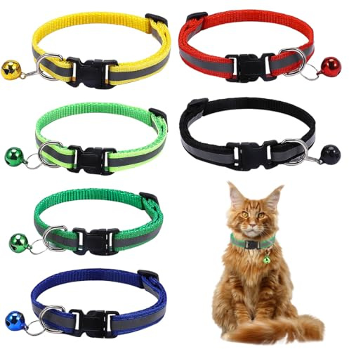 JEYORZY Katzenhalsband, 6 Stück Reflektierende Katzenhalsband mit Glocke Halsband Katze mit Sicherheitsverschluss Verstellbar Kitten Halsband Haustierzubehör, für Hauskatzen, Anti-Strangulation