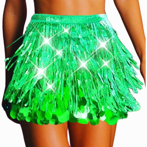 Fashband Sequin Skirt Sparkly Belly Dance Hip Scarf Fringe Skirts for Women Green