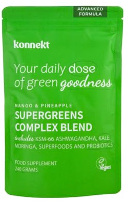 konnekt Super Greens Complex with 45 Superfoods, Probiotics and Adaptogens Blend Including Spirulina, Chlorella, Moringa and KSM-66® Ashwagandha for Immunity, Energy and Gut Health