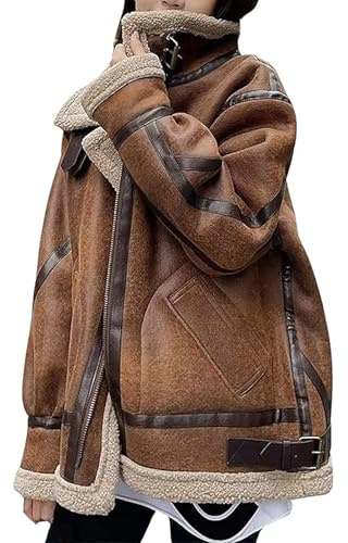 Generisch Manteau en daim pour femme en peau de mouton Veste en similicuir Mode Cuir Veste en cuir Oversize Léger Veste d'extérieur Confortable Blouson bomber Coupe-vent Manteau de mi-saison, marron