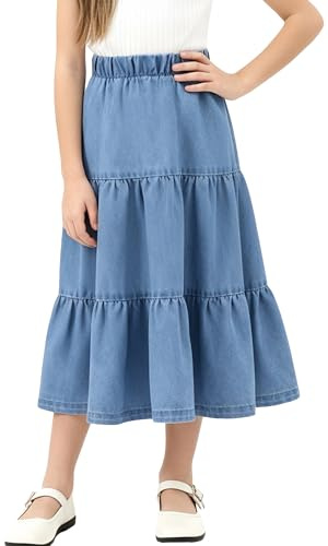 Happy Cherry - Niña Falda Vaquera Larga para Carnaval Diario Escuela Fiesta Infantil Niñas Midi Faldas Escalonada Corte A Ropa de Calle Vintage Y2K para Primavera Verano Otoño Invierno - 5-12 Años