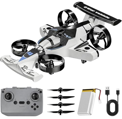 RC Plane Drone for Kids, 2-in-1 fliegender RC-Car-Drohne mit LED Lichtern, Wiederaufladbares RC Quadrocopter mit 360° Flips & Schweben, 2.4Ghz 3-Gang-Flug-Stunt-Auto für Kinder und Anfänger (Weiß)