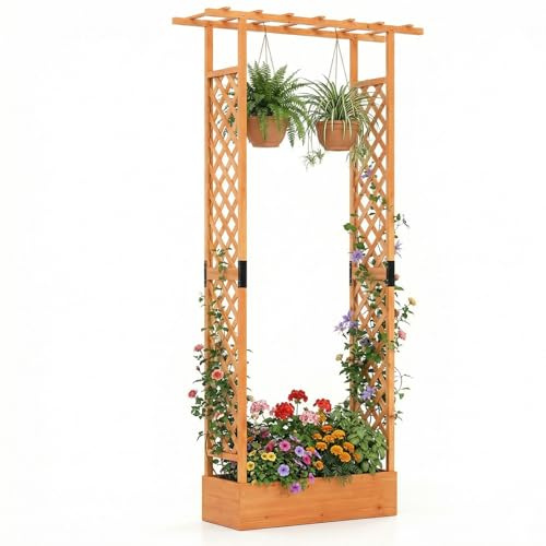 COSTWAY Cama de Jardín Elevada de Madera Abeto con Enrejado y Techo Colgante, Agujeros de Drenaje, Jardinera Exterior Grande para Plantas Trepadoras, Maceta de Enrejado (Naranja,110 x 35 x 227 cm)