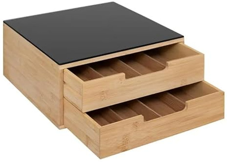 Porta Capsule Caffè in Bambù, Cassetto Estraibile, Supporto Macchina Copertura Vetro, Struttura Bamboo, Misura 30x30x15 cm, Universale Compatibile Tutte le Cialde (NERO DOPPIO CASSETTO)