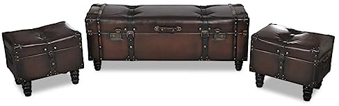 Sinkzol sittkista, 3-delad, brun med ram av massivt trä och konstläderstoppning, inklusive 1 lång sittkista 112 x 36 x 42,5 cm och 2 pallar