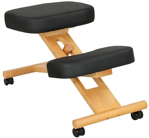 HOMCOM Kniestuhl Ergonomischer Kniehocker mit Rollen, Holzgestell | Sitzhocker, Bürohocker, Gesundheitsstuhl, zur Verbesserung der Nackenschmerzen, für Zuhause und Büro