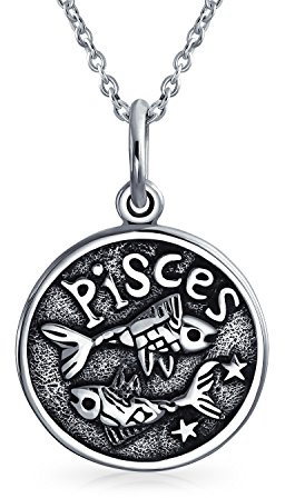 Bling Jewelry Pisces Zodiac Sign Astrology Horoscope Round Medallion Pendant For Men Women Necklace Antiqued Sterling Silver