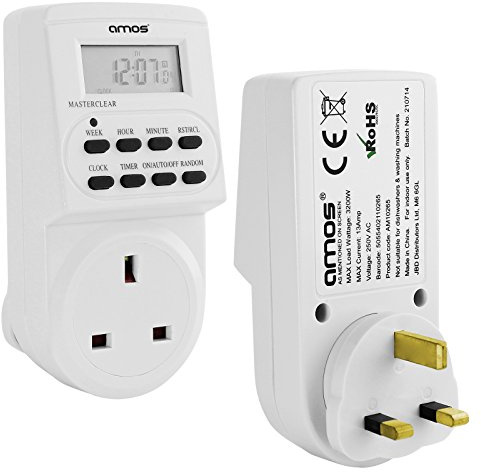 AMOS Digital Timer Plug Switch 12/24 Hour 7 Day Socket Programmable Mains LCD Display UK 3 Pin Wall Plug In Electronic AM/PM 12hr/24hr Time Clock Energy Saver Power Controller Home Security (1 Pack)