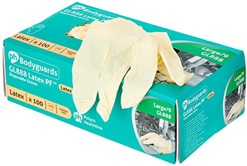 Bodyguard Gl8883 Powder Free Disposable Latex Glove, L Size, White, Pack of 100 (Packaging may vary)