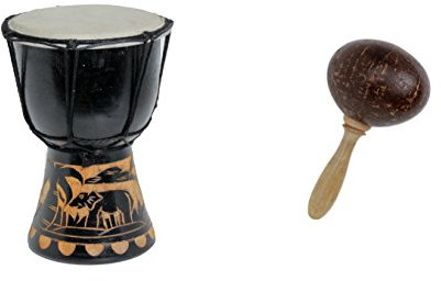 Kleine 15cm Djembe Trommel Bongo Drum Dekoration Elefant Schwarz + Kokos Rassel Maraca R2
