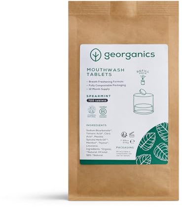 Georganics - Natürliche Bio-Mundspültabletten – Zahnreinigungstabletten für Frischen Atem mit Natron und Menthol - Vegan, ohne SLS, Tierversuche und Fluorid - Grüne Minze - 720 Tabletten