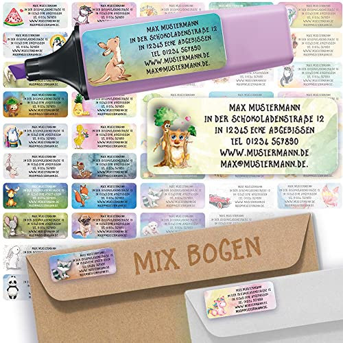 Sunnywall® Adress-Etiketten - Adress-Aufkleber Sticker Namensaufkleber mit Ihrem Wunschtext 57x 23mm, für 1 bis 5 Zeilen Text - 45 Stück 45 Hintergründe zur Auswahl (Mix Etiketten)