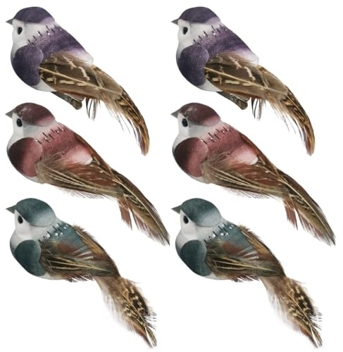 LWINGFLYER Foam Feather Artificial Birds 3.9'' Fake Birds Sparrow Realistic Clip on Ornaments for Christmas Tree Decoration Wreaths Craft Seasonal Displays(6PCS)