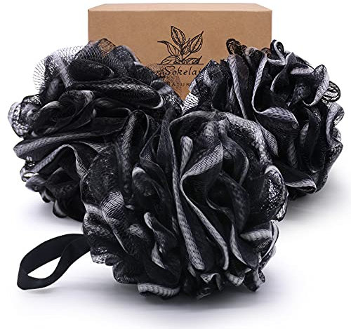 3 Stück Badeschwamm Duschschwamm 75g XL Waschschwamm Dusche Schwamm Badezubehör Badekugeln Body Scrubber leicht schäumend extra groß weiche Masche Peeling für seidig und glatte Hautreinigung (Schwarz)