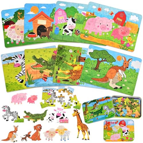 Faburo Puzzle ab 2 Jahre, 112 PCS Mini Puzzle Spielzeug ab 2-5 Jahre, 8 Tier Steckpuzzle Holzpuzzle für Kleinekinder Jungen Mädchen, Kinderpuzzle Schwierigkeitsgrade Lernspielzeug für Kindergeburtstag