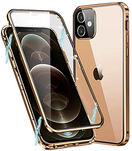 MIMGOAL Hülle für iPhone 11 360 Grad Magnetisch Transparent Gold | Gehärtetes Glas vorne und hinten, Magnetischer Aluminiumrahmen, Integrierter Kameraschutz, Präzise Ausschnitte