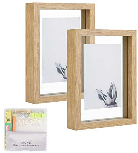 MUYE 5x7 Floating Frame Set of 2,Double Glass Rustic Photo Frame for Wall Hanging or Tabletop Standing,Also Display 4x6 or 3x5 Photo for Floating Effect,Natural