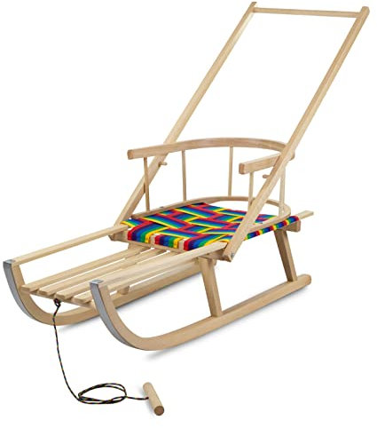 Prime Garden® PINNO Premio COMODO Premium Holzschlitten Schlitten Kinderschlitten Rodelschlitten mit Rückenlehne Zugseil Holzgriff Schiebestange
