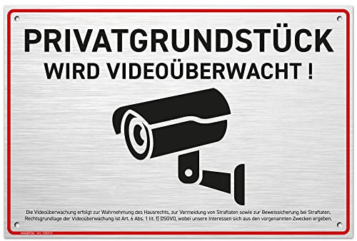 HAGEFOL® Schild Videoüberwachung Privatgrundstück (30x20 cm - groß) mit DSGVO Hinweis, inkl. 4 Bohrlöcher, Kamera Warnhinweis für Überwachungskamera oder Kamera Attrappe (Aluminium gebürstet)