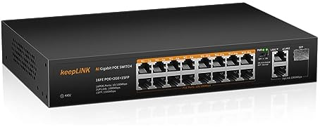 keepLiNK 18 Port PoE Switch mit 16 100Mbps PoE+ Ports 240W, 2 Gigabit Uplink Ports, 1 1000Mbps SFP Slot, IEEE-802.3af/at, Robustes Metallgehäuse lüfterlos Plug-and-Play