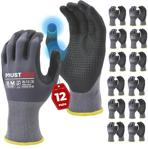 Mustbau 12 Paires Gants de Travail à Écran Tactile avec Points perlés noirs, Gants Nitrile Résistants à l'Abrasionet Ventilé Idéal pour Travaux, Jardinage, Mécanique, Chantier (Gris,M)