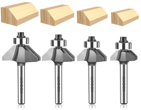 WSOOX 45 Grad Fasenfräser-Set mit 1/4-Zoll-Schaft, 4 Stück C3 Hartmetall-Schrägkantenfräser-Bits, Schnittdurchmesser: 1/4 Zoll, 5/16 Zoll, 3/8 Zoll, 1/2 Zoll.