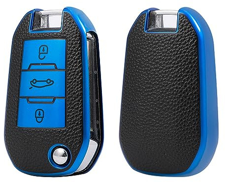 ontto TPU Schlüsselhülle Cover Passt für Peugeot 208 3008 308 508 408 2008 307 4008 für Citroen C4 C3 C6 Cactus C8 Autoschlüssel Hülle Schlüsselanhänger Schutzhülle Schlüsseletui 3 Taste-Leder Blau B