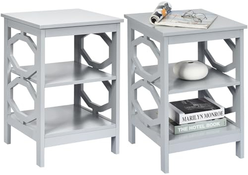 GIANTEX 2er Set Nachttisch, Beistelltisch Nachtschrank Holz 3 Ebenen, kleine Nachtkommode Nachtkonsole, Sofatisch Couchtisch Flurtisch Telefontisch für Wohnzimmer Schlafzimmer 40x40x61cm Grau