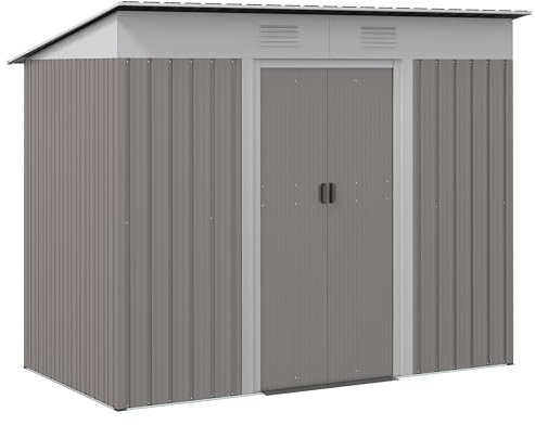 Outsunny Gartenhaus aus Metall, 2,1 x 1,2 m, Gartenhaus mit Doppelschiebetüren, 2 Belüftungsöffnungen für Hinterhof, Terrasse, Rasen, Hellgrau