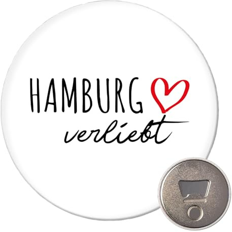 Huuraa Magnet Hamburg verliebt Geschenk | 59mm Kühlschrankmagnet rund Flaschenöffner Geschenkidee dekorativer Magnet für Magnettafel, Kühlschrank oder Whiteboard