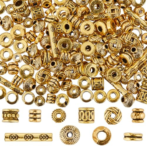 SUNNYCLUE 1 scatola 250 pezzi 10 stili Perline Distanziatrici Tibetane Perline Distanziatrici per Tubi di Metallo Sfuso Oro Antico Piccola Colonna In Lega Distanziatori di Perline Da 4 mm per Creazion
