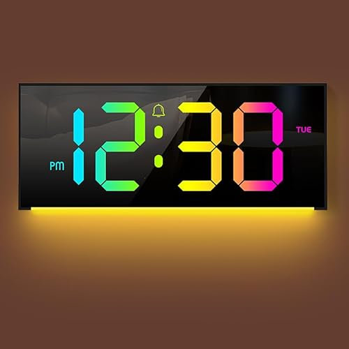 AGEK Digital Wall Clock Large Display, Alarm Clock with 12 RGB Colors Changing Remote Control, 13 LED Clocks with Night Lights for Living Room Bedroom Office Home Decor