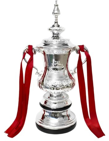 YYDSTES Football Fa Cup Trophy Replica with Color Ribbon Resin 32cm | Plated Finish Silver Football Trophy,Sports Memorabilia,Display Decor for Office,Club,Fan Room & Home,Gifts for Football Fans