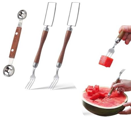 Set tagliafrutta 2 in 1 in acciaio inossidabile, cucchiaio for scavino melone, forchetta for anguria, coltello for affettare forchette da frutta a doppia testa, forchetta for tagliare frutta for angur