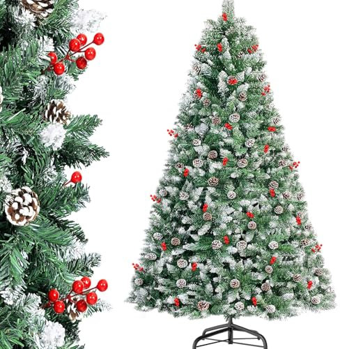 arivoo Árbol de Navidad plegable Binja, árbol de Navidad artificial adornado con 500 ramas, 24 piñas y 18 bayas y soporte, puntas de PVC flexibles con copos de nieve, difícilmente inflamable (H150 cm)
