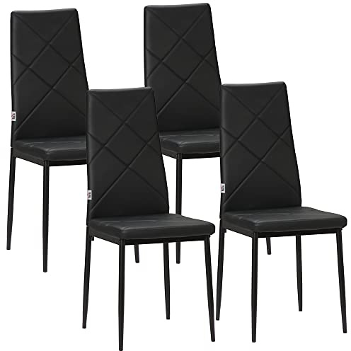 HOMCOM Chaise Salle à Manger Lot de 4, Chaise de Cuisine Moderne avec Dossier Haut, siège rembourré, revêtement synthétique et Pieds en Acier, pour Salon, Salle à Manger, Noir