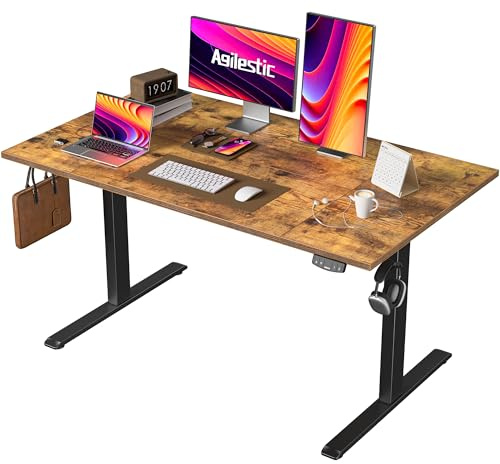 Agilestic 140 x 80 cm höj- och sänkbart skrivbord, sit-stand-skrivbord med minnesfunktion, ergonomiskt datorskrivbord, bestående av fyra sammanfogade bordsskivor, brunt