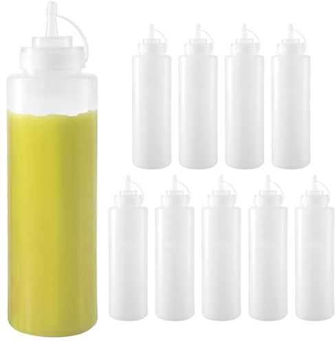 FUNSUEI 10 PCS 1000ml Sauce Bottles, 32oz Plastic Squeeze Bottle （1 Litre） | Including Caps and Nozzles, for Ketchup, BBQ, Syrup, Dressings, 28 x 7.6cm