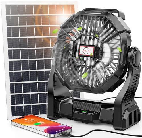 20000mAh Solar Fan with LED Lantern, 10W Solar Panel Rechargeable Battery Powered Camping Fan for Outside, 9 Inch Portable Battery Operated Hurricane Supplies for Picnic, Barbecue, Fishing, Travel