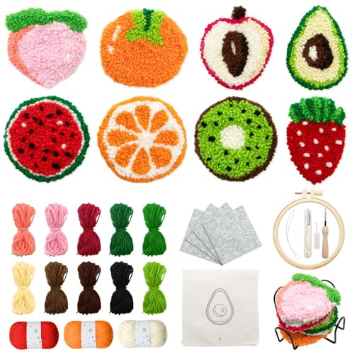 Soleeya Punch Needle Kits Adults Beginner 8 Pcs Fruit Punch Needle Embroidery Kit Punch Stitching Including Yarn Tools and Tutorials Easy to Start Rug Tufting Coaster DIY Craft Gifts