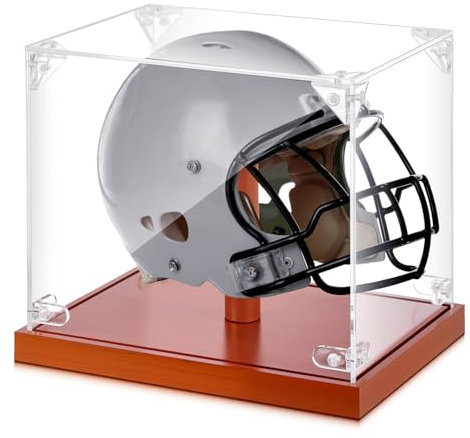 Weysat Acrylic Mini Helmet Display Case Clear Mini Football Helmet Display Case UV Protection Holder Box with Wood Base for Memorabilia Collectibles