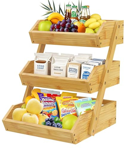 Tiklife 3-stöckiger Obstkorb,Küchen Organizer für Obst, Gemüse, Snacks & Vorräte,Aufbewahrungskorb aus Bambus für Arbeitsplatten und Speisekammer Gemüsekorb 3-stöckig in Naturholzfarbe