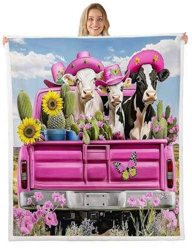 feelingyou Farmhouse Animal Blanket Cow Livestock Animal Throw Blanket for Boys Pink Truck Car Super Soft Wrinkle Sherpa Rug Cactus Sunflower Butterfly Queen 90x90 Inch Living Room Decor