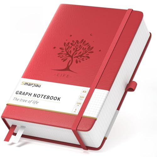 Notizbuch A5, Hardcover Kariert Journal Buch mit 320 Seiten 100gsm Papier | Tintenfestes Dickes Papier, Leder Hard Cover Notizbuch für Frauen Männer Arbeit Büro Schule, 14.5 x 21cm-Dunkelrot